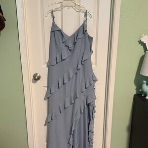 David's Bridal Dusty Blue Ruffle Maxi Dress
